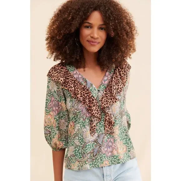 Kachel ANTHROPOLOGIE Mixed Leopard Floral Print Peasant Blouse Size 24 NWT - Picture 3 of 8